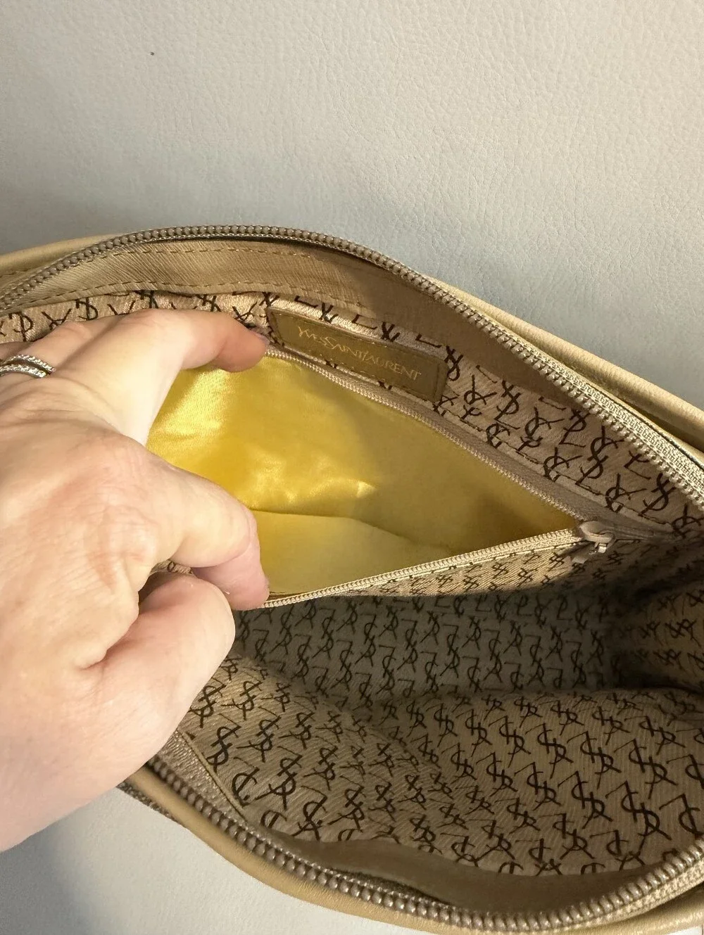 Yves Saint Laurent Black and Tan Patterned Wristlet Clutch